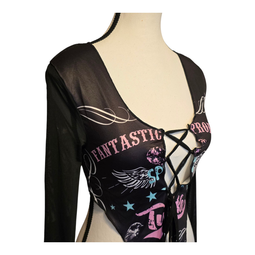 Rave Festival Top Womens Size XS Black Sheer Mesh Bell Sleeve Clubwear Goth NWT - Picture 2 of 12